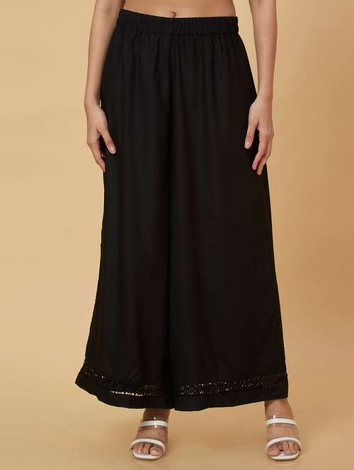 globus women black floral lace hem design flared ethnic palazzos - 20019081 - Very Small Image - 1