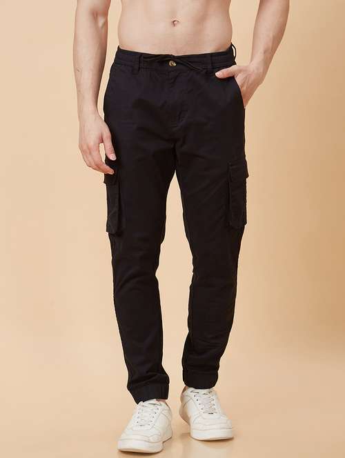globus men black slim fit mid-rise pure cotton cargos - 20023035 - Very Small Image - 1