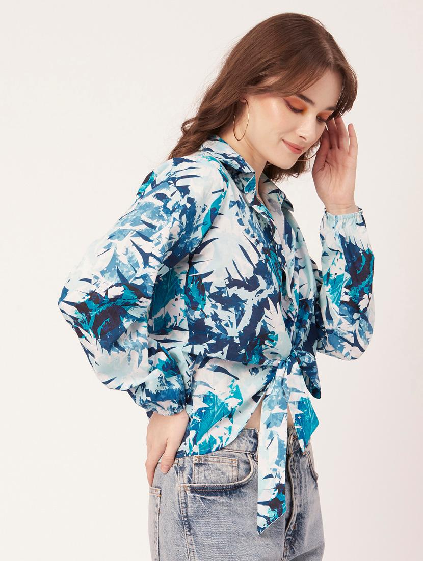blue cotton blend crop shirt - 20031252 - Standard Image - 2