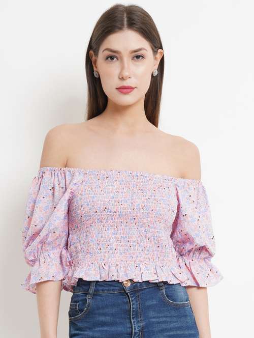 lavender floral print smocked off shoulder crop top - 20072645 - Very Small Image - 1