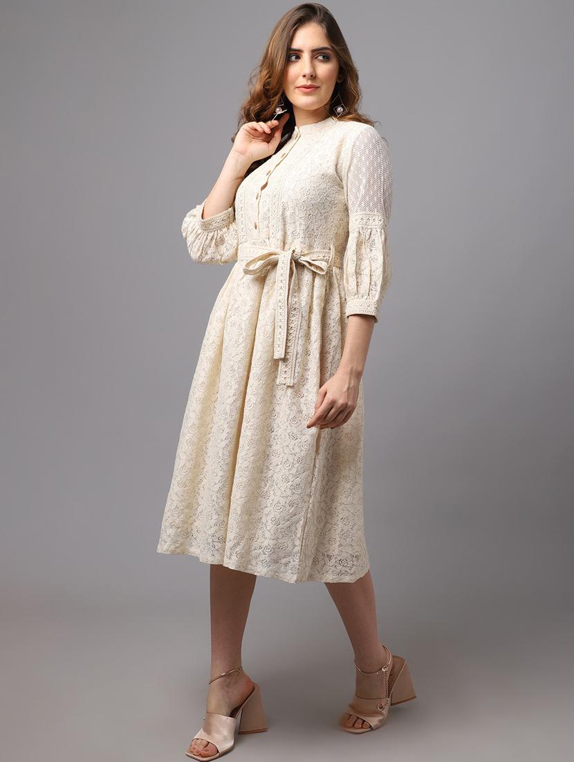 beige self design a-line dress - 20083332 - Zoom Image - 2