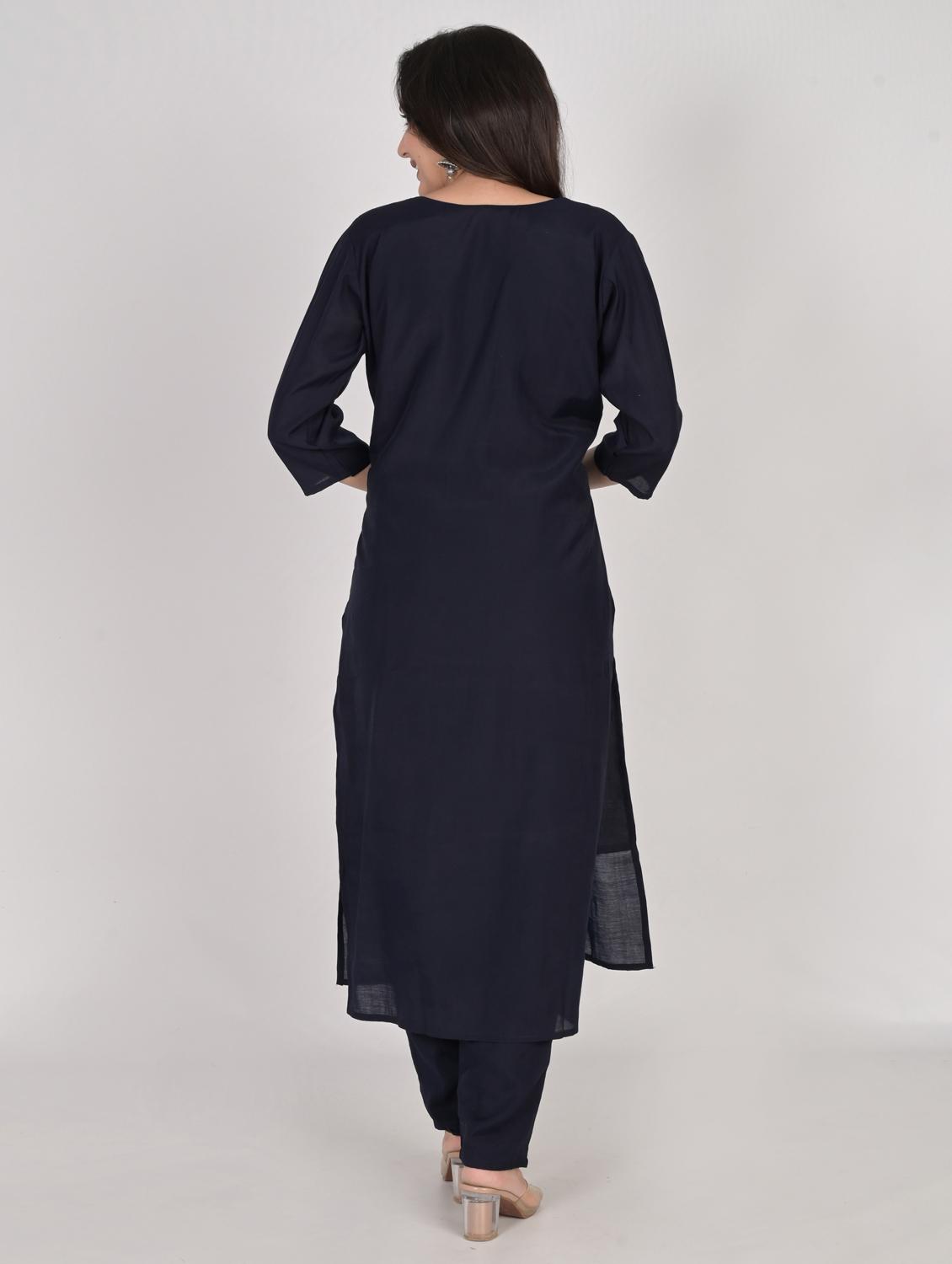 navy blue round neck kurta pant set with dupatta - 20115252 - Standard Image - 3