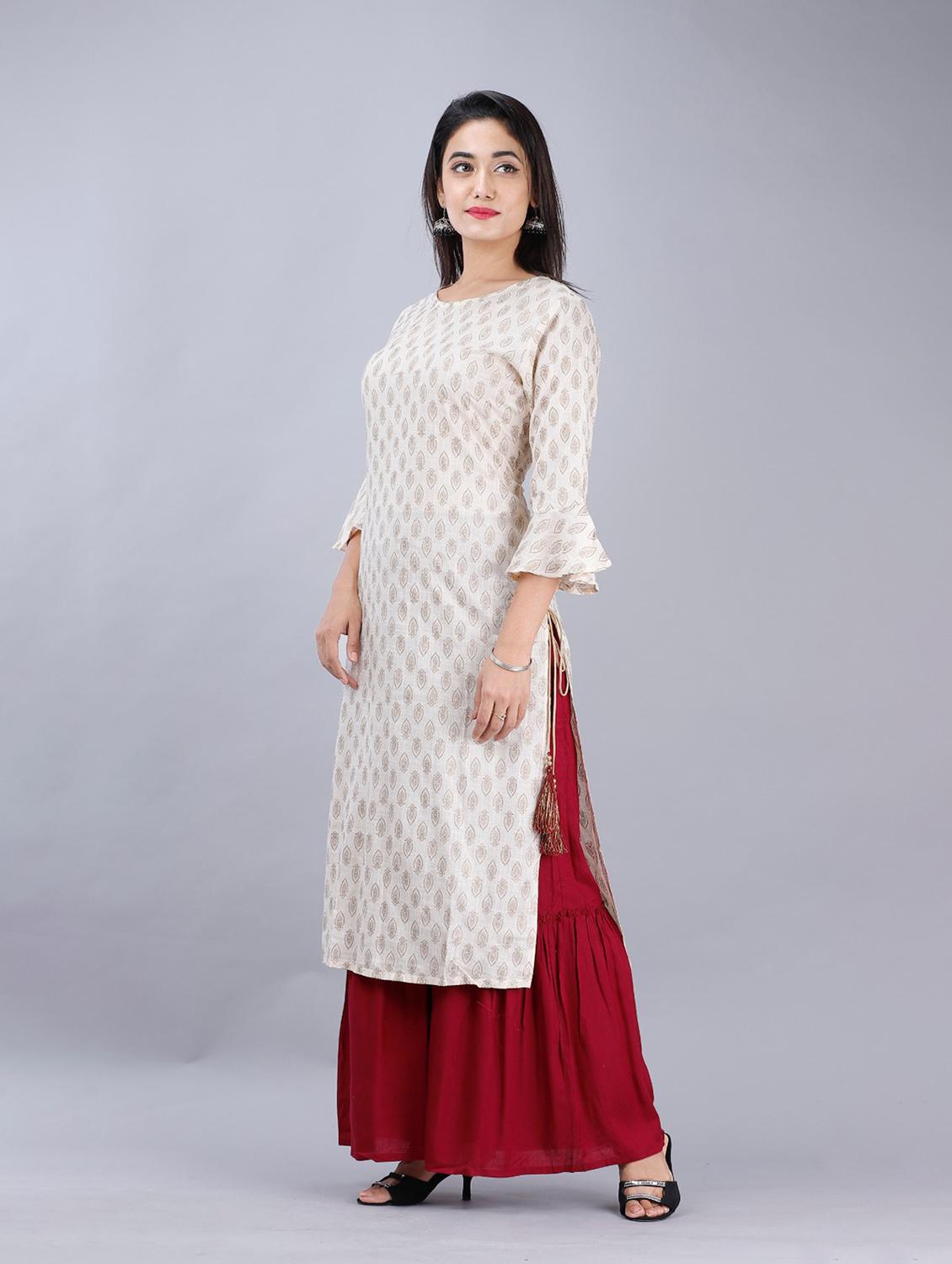 white printed three quarter sleeve kurta sharara set - 20132908 - Standard Image - 2