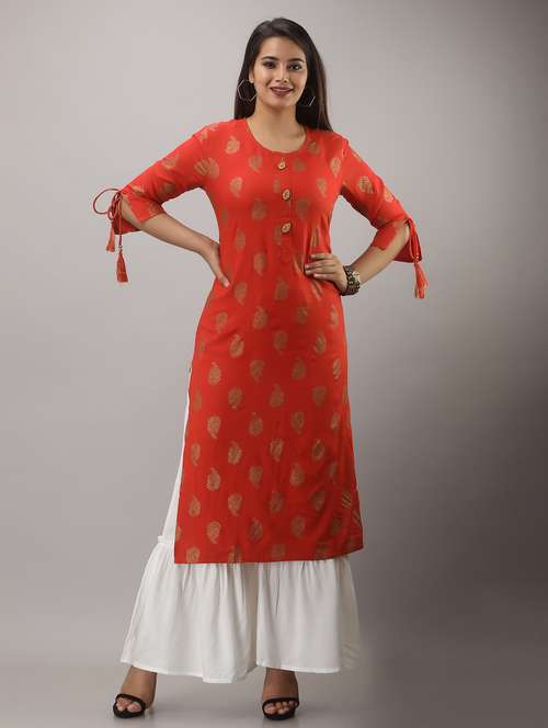 orange printed three quarter sleeve kurta sharara set - 20132939 - Very Small Image - 1
