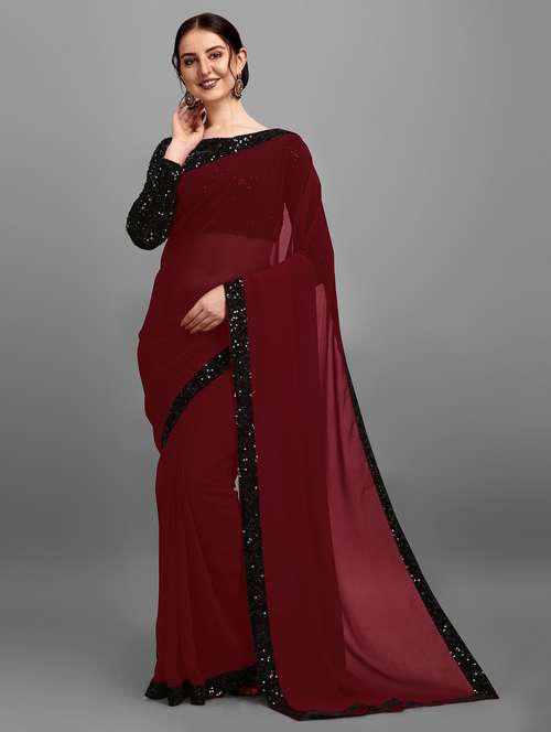 women's bordered maroon colored saree with blouse - 20136896 - Very Small Image - 1