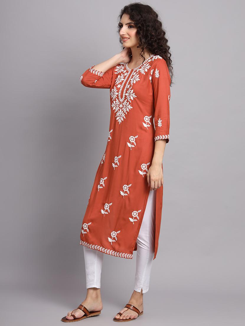 round neck embroidered straight kurta - 20152879 - Zoom Image - 2