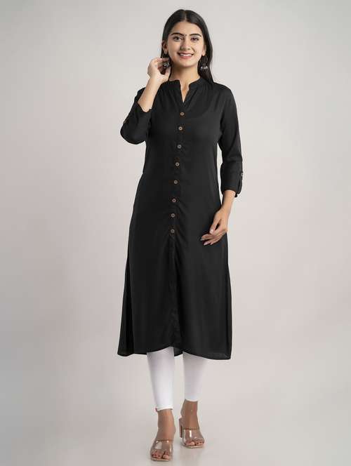 mandarin neck solid a line kurta - 20154955 - Very Small Image - 1