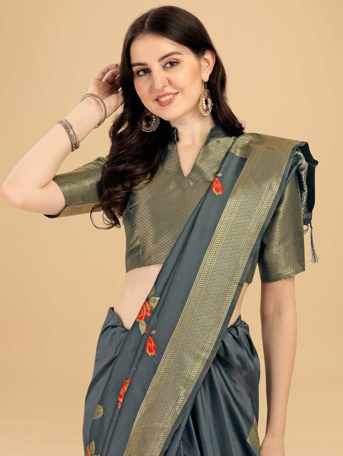 women's floral grey colored saree with blouse - 20175560 - Standard Image - 2