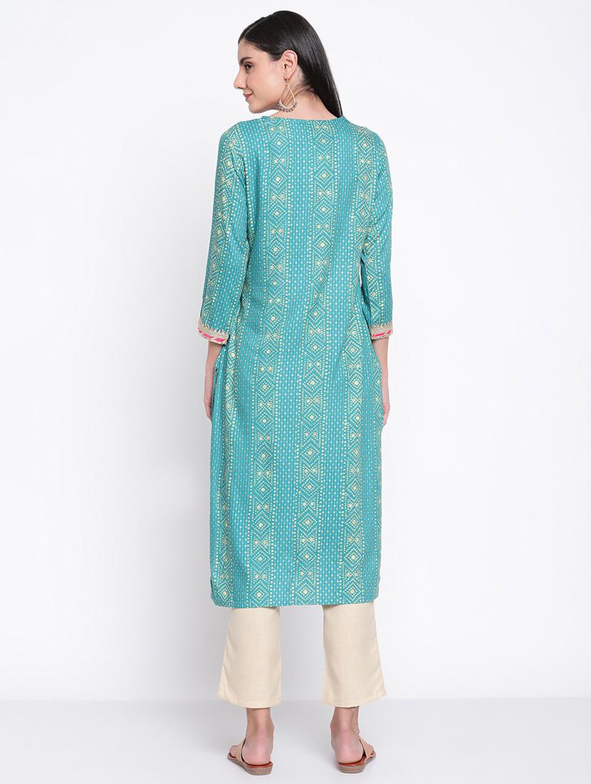 turquoise colored straight kurta - 20188876 - Zoom Image - 2