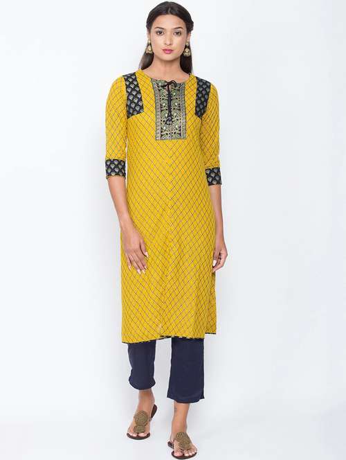 yellow colored straight kurta - 20188897 - Very Small Image - 1