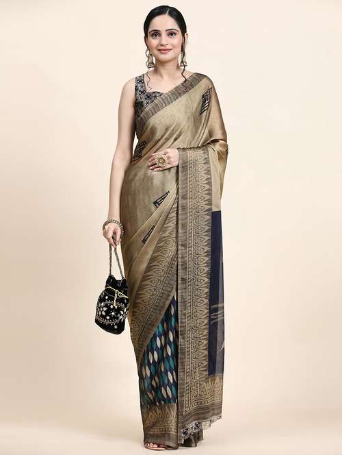 women's self design navy blue colored saree with blouse - 20214446 - Very Small Image - 1