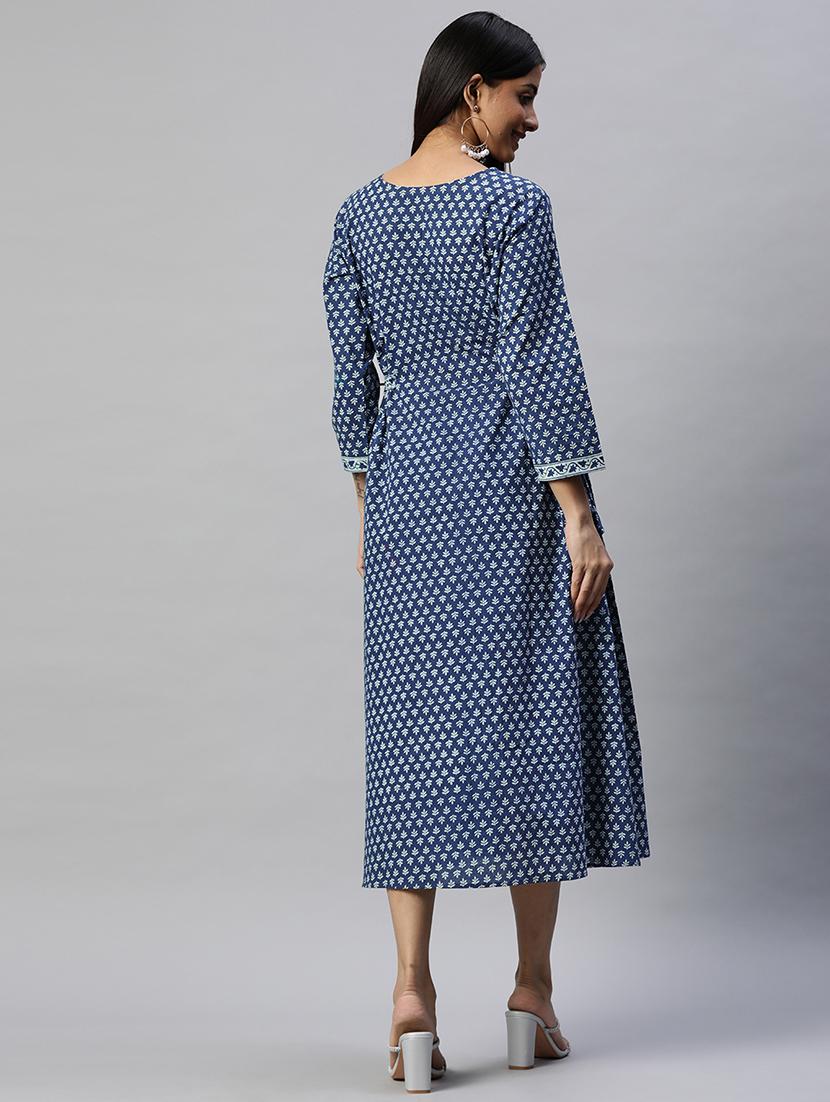 blue round neck a-line ethnic dress - 20225498 - Standard Image - 3