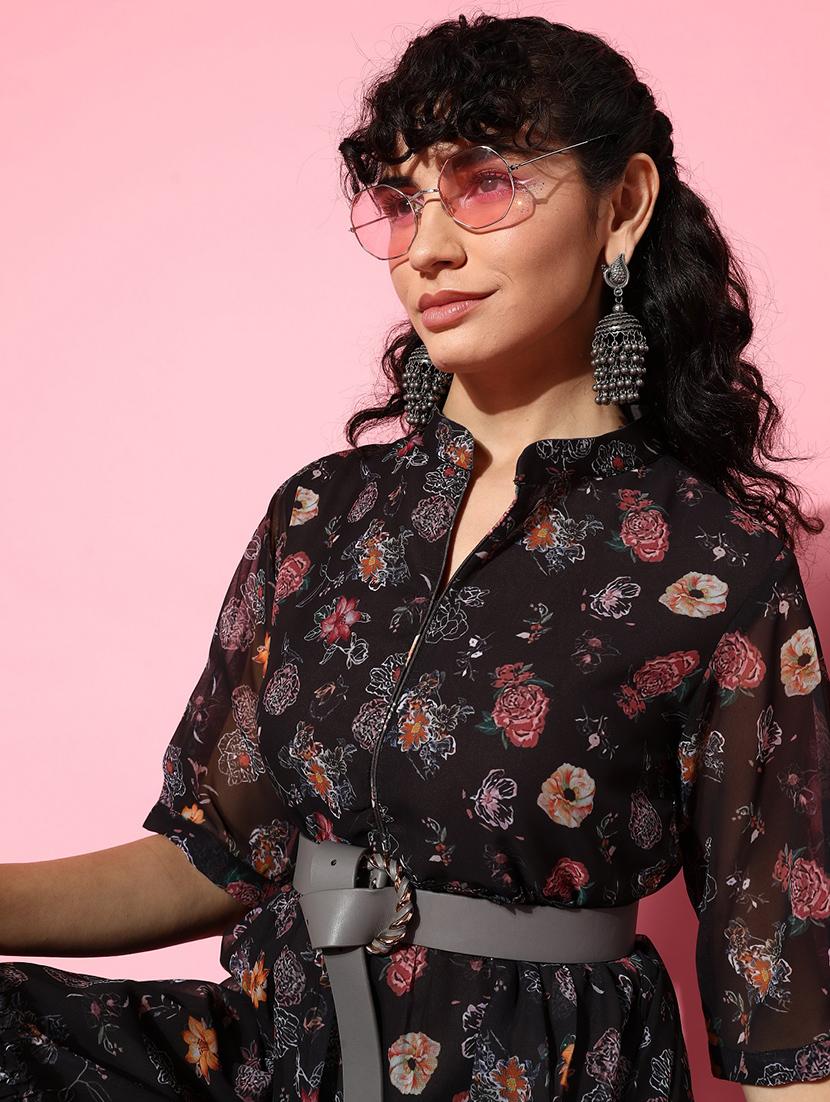 brown florals printed a-line dress - 20225507 - Zoom Image - 4