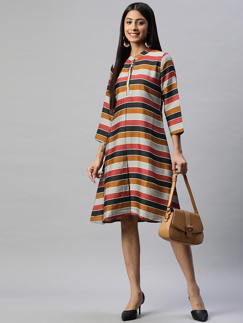 women multi color stripes mandarin neck a-line dress - 20225515 - Zoom Image - 3