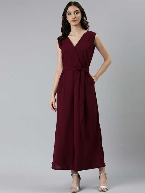maroon solid sleeveless full length jumpsuit - 20249113 - Very Small Image - 1