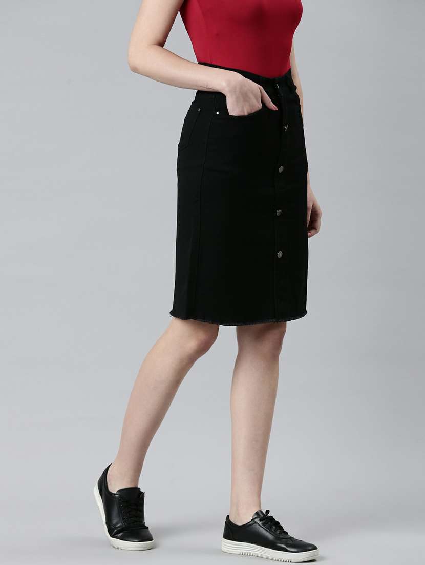 Buy online Black Solid Denim Pencil Skirt from Skirts & Shorts for  
