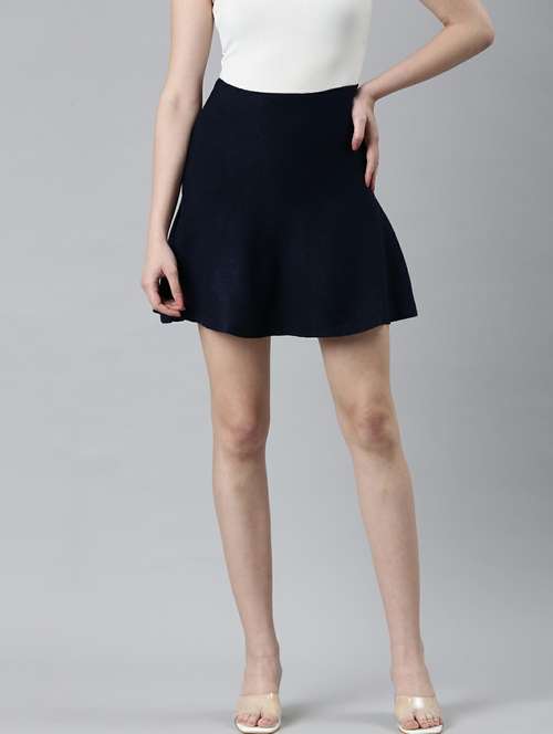 navy blue solid high rise skater skirt - 20249448 - Very Small Image - 1