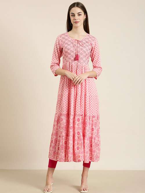 pink floral printed tiered kurta - 20252591 - Very Small Image - 1