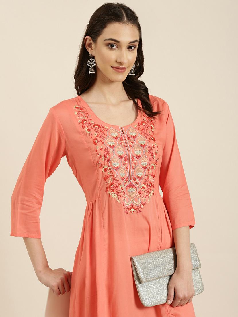 orange embroidered a-line kurta - 20252642 - Zoom Image - 5