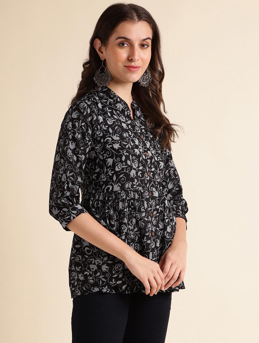 women black mandarin neck a-line kurti - 20253134 - Standard Image - 2
