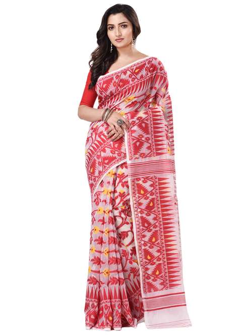 red cotton jamdani saree with blouse - 20266356 - Very Small Image - 1