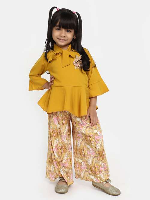 girls mustard printed detailed top & pant set - 20282611 - Very Small Image - 1