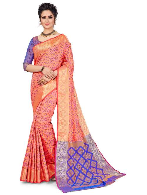 women's geometric peach colored saree with blouse - 20306090 - Very Small Image - 1