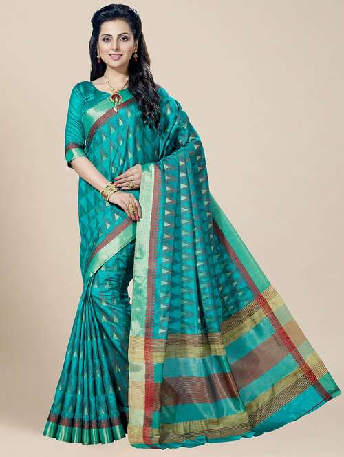 women's geometric aqua blue colored saree with blouse - 20306430 - Very Small Image - 1