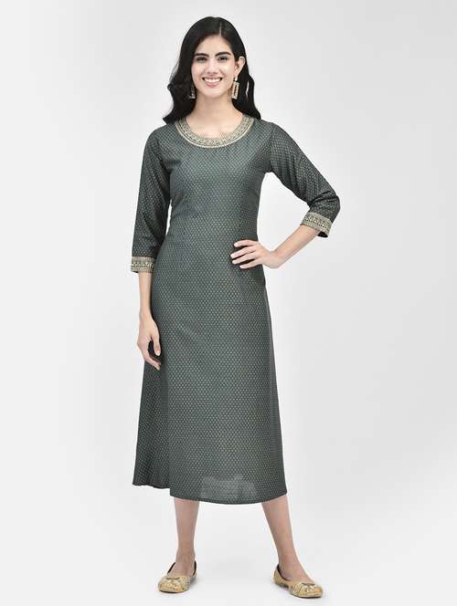 green three quarter sleeve a-line kurta - 20325957 - Very Small Image - 1