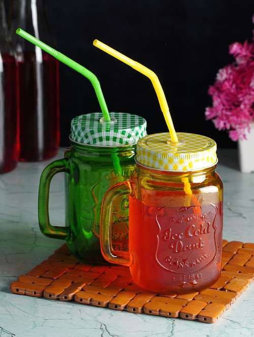 ceradeco 2 pcs assorted coloured mason jar set with straws 350 ml each - 20375192 - Very Small Image - 1