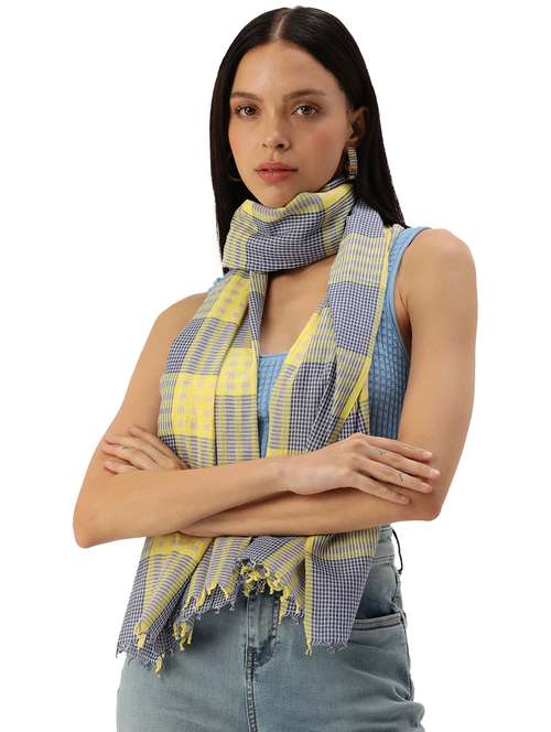 handwoven yellow, blue & white cotton checkered scarf - 20376188 - Very Small Image - 1