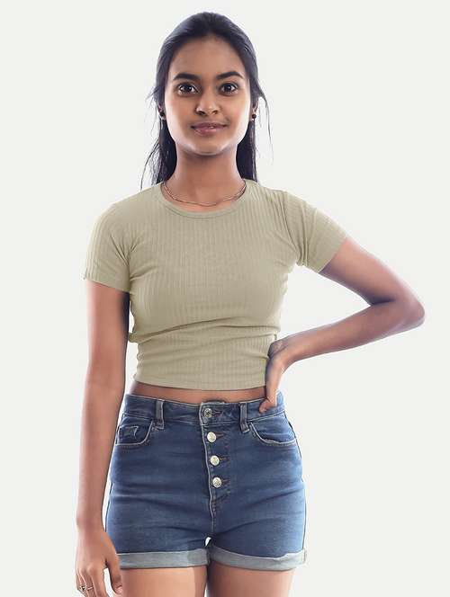 beige solid back tie up crop top - 20385652 - Very Small Image - 1