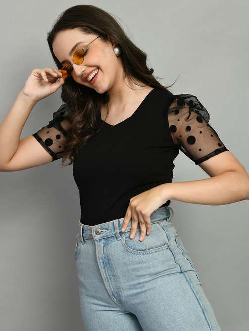 black solid puff sleeves regular top - 20394443 - Very Small Image - 1