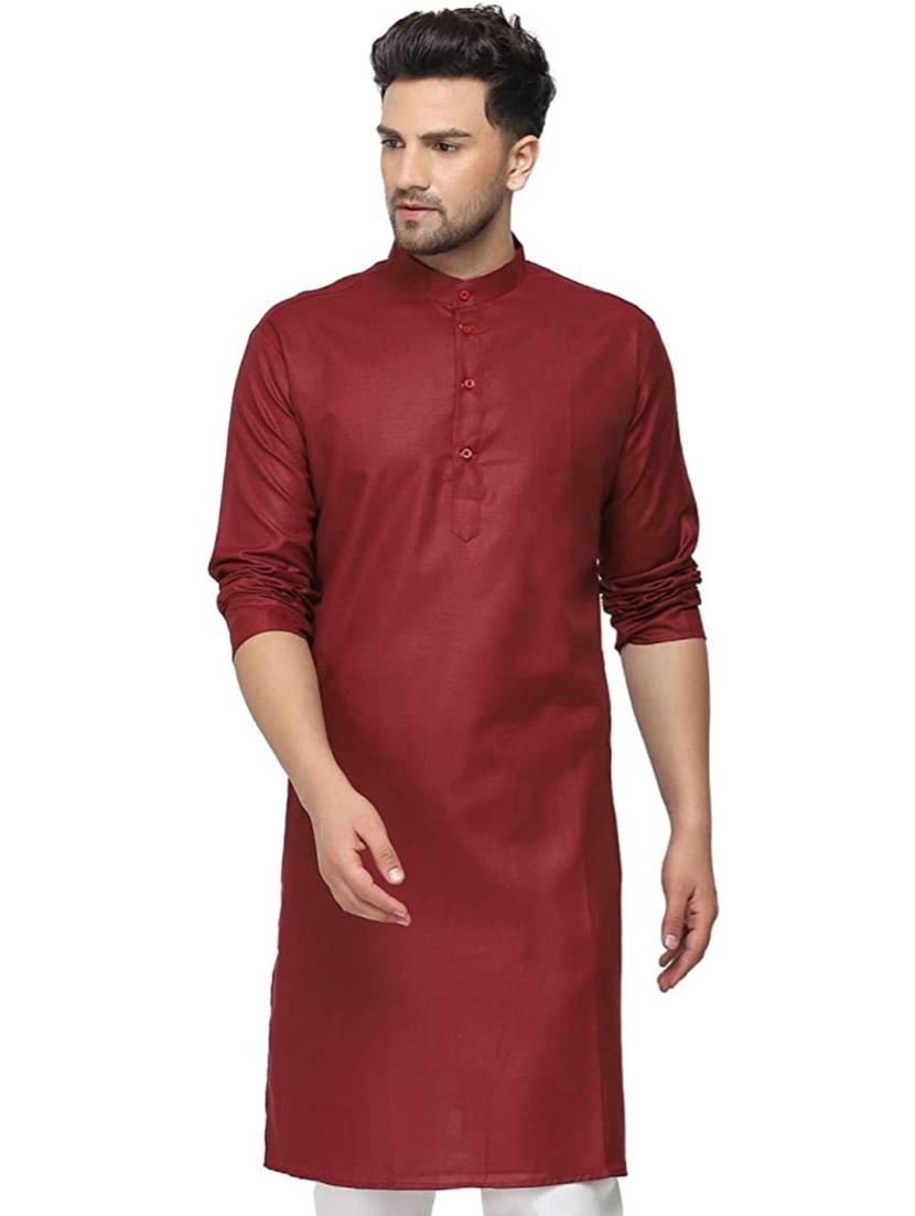men solid maroon cotton blend long kurta - 20410235 - Standard Image - 3