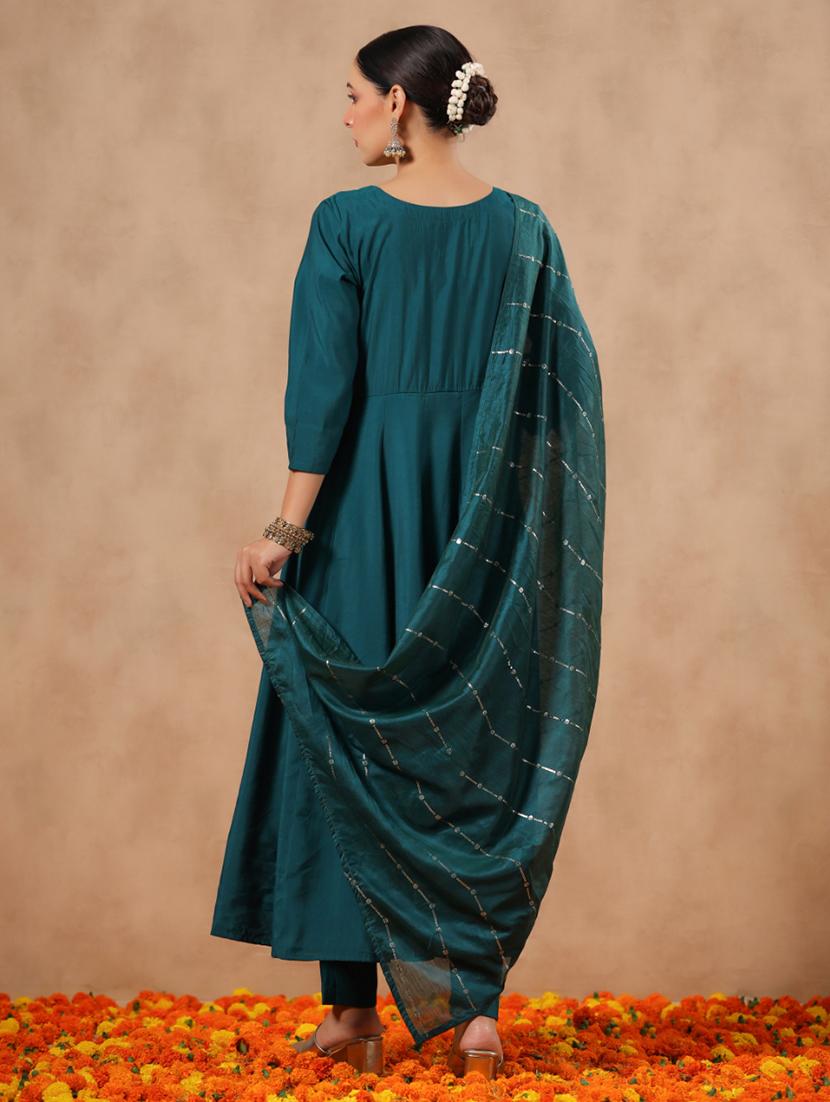 women teal round neck kurta pant set with dupatta - 20419140 - Standard Image - 2
