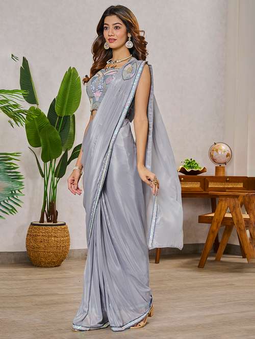 lace bordered plain ready to wear saree  with blouse - 20446413 - Very Small Image - 1