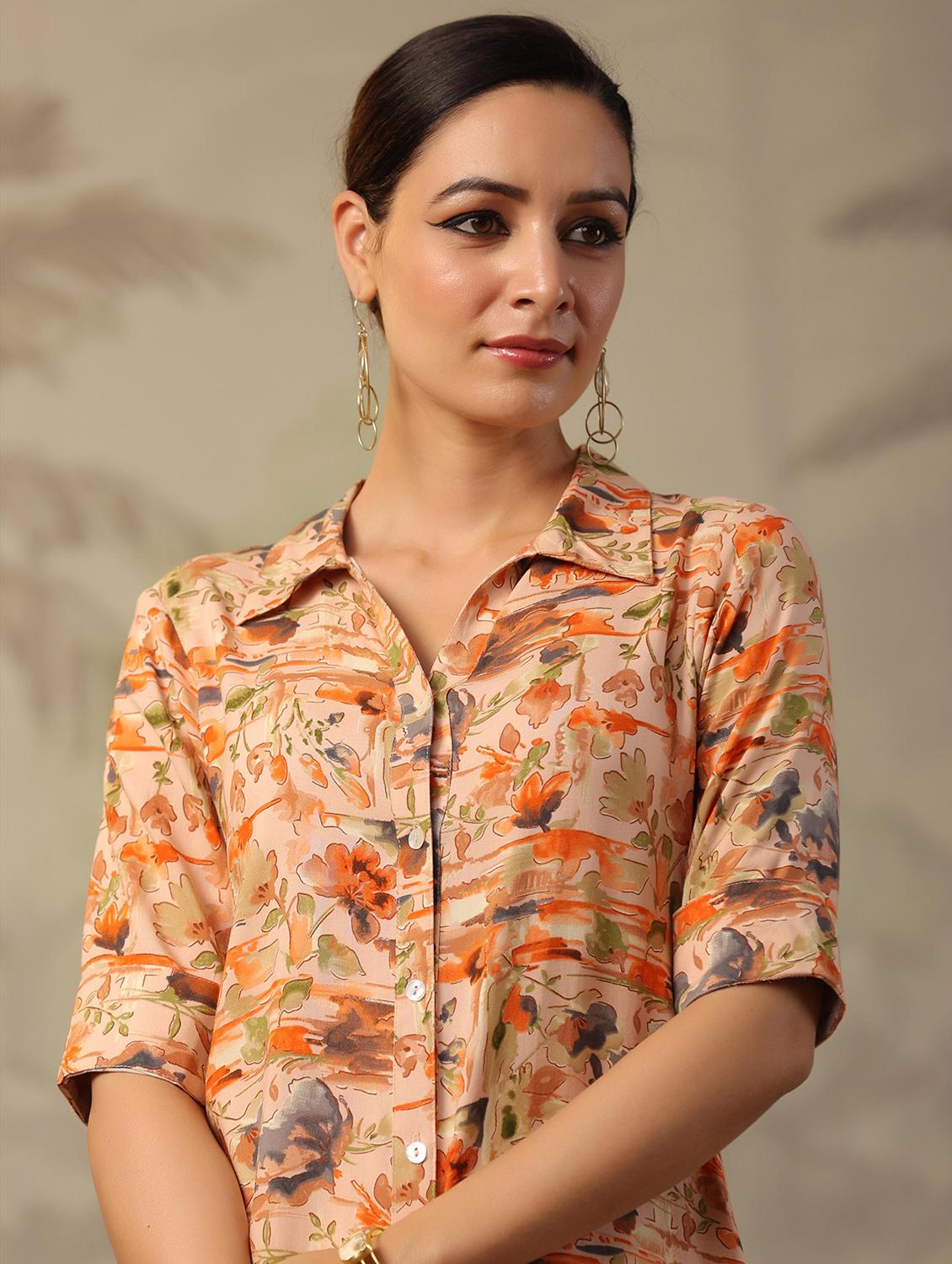 women peach floral printed shirt collar co-ord sets - 20458231 - Zoom Image - 4
