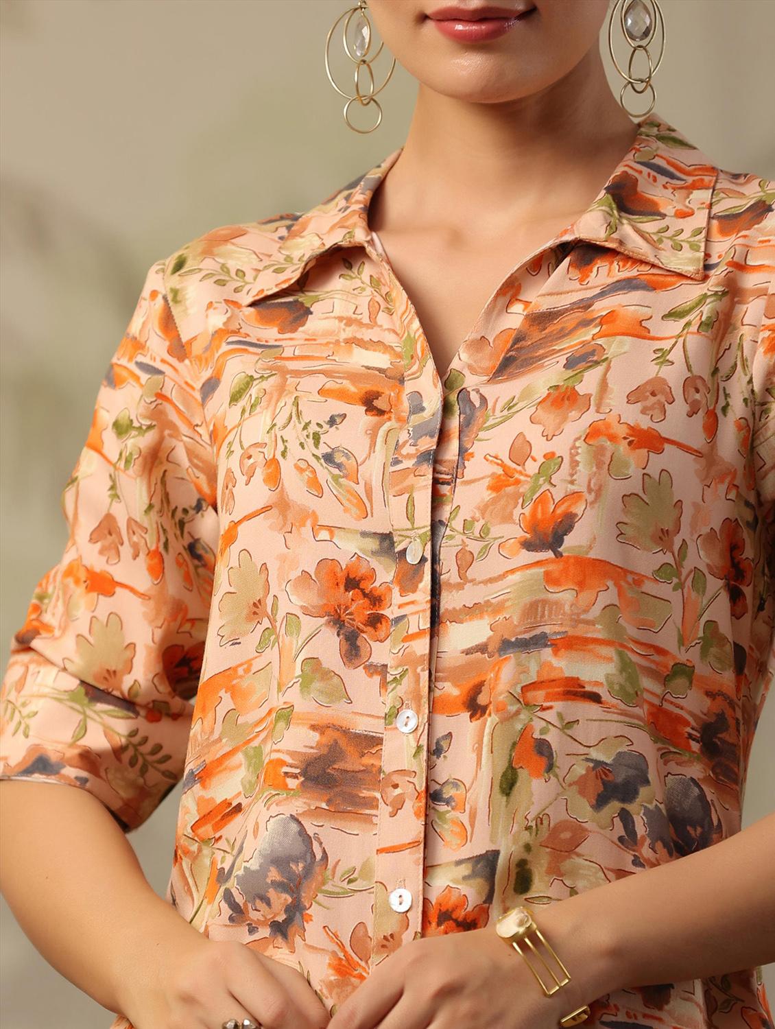 women peach floral printed shirt collar co-ord sets - 20458231 - Standard Image - 5