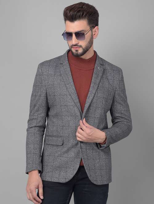 men checkered grey polyester single breasted casual blazer - 20478718 - Very Small Image - 1