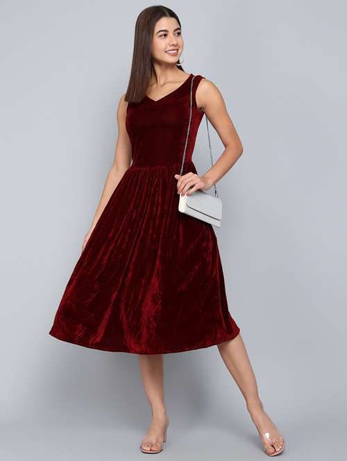 maroon solid fit & flare dress - 20497715 - Very Small Image - 1