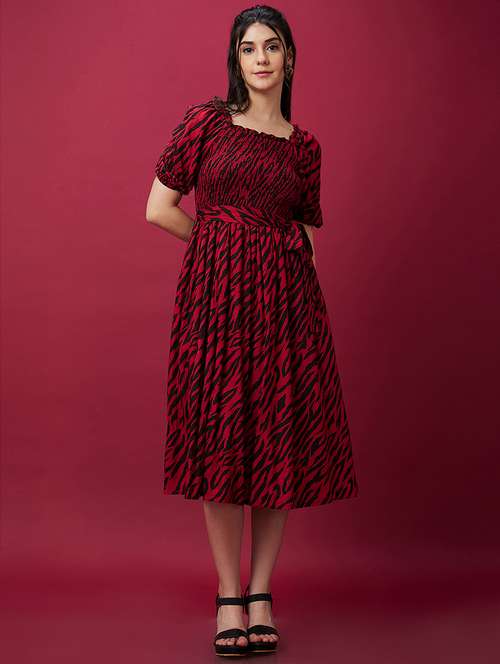 globus women black animal print smocked fit & flare belted midi dress - 20534222 - Very Small Image - 1