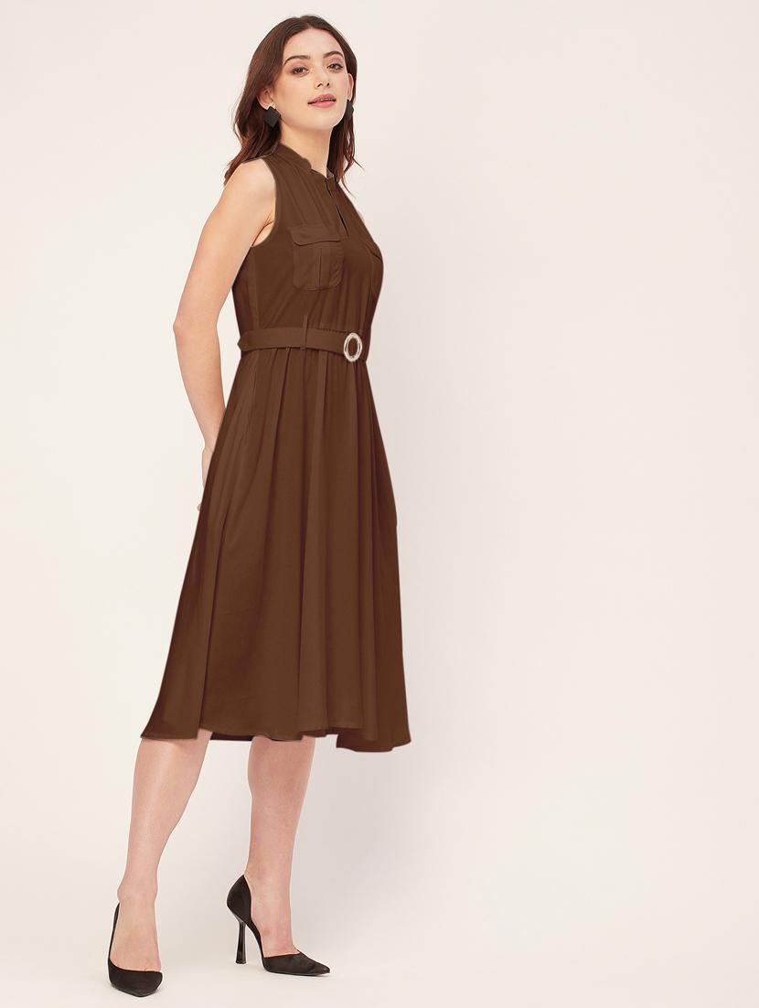 women solid mandarin neck belted dress - 20555414 - Standard Image - 2