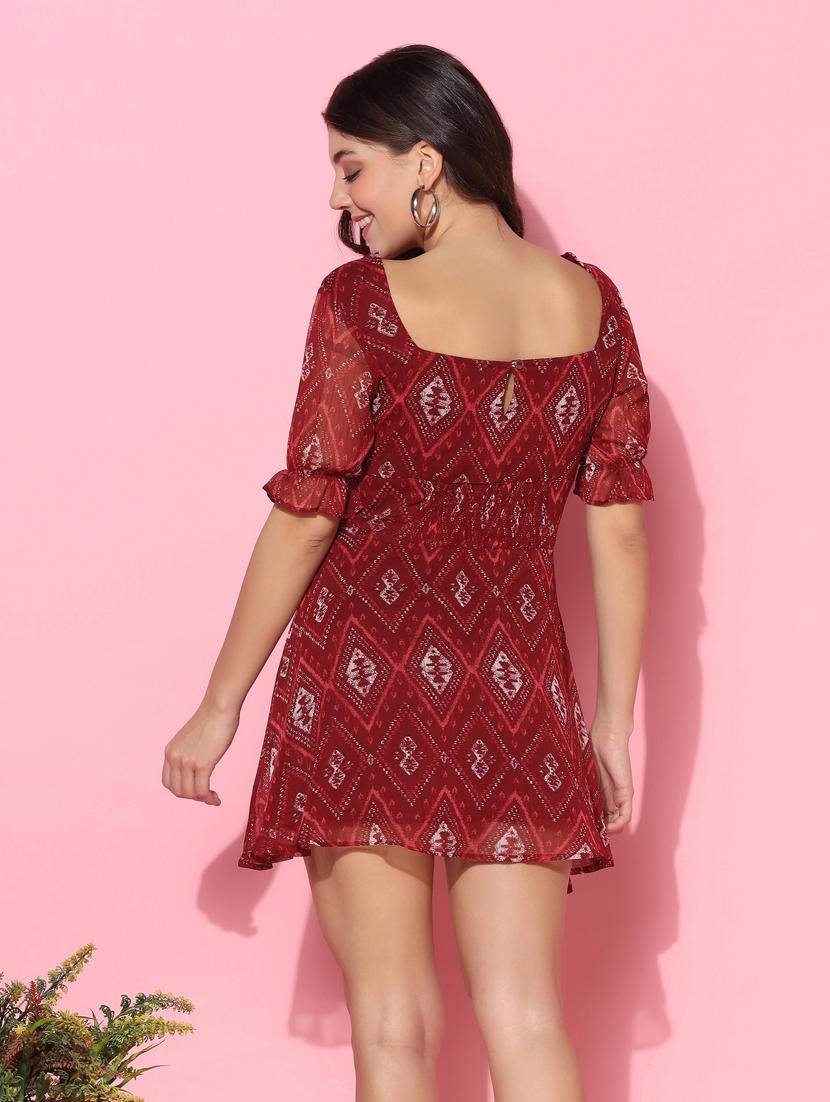 women maroon ethnic motifs printed mini dress - 20560099 - Zoom Image - 3