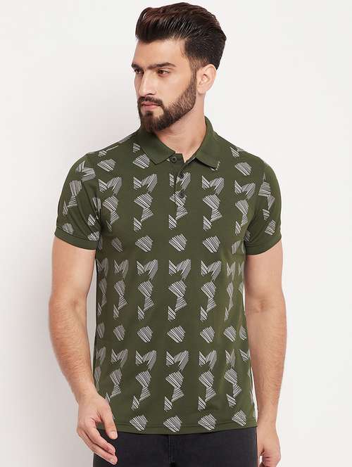 men olive green printed polo t-shirt - 20570774 - Very Small Image - 1