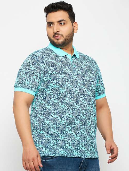 men turquoise printed plus size polo t-shirt - 20570894 - Very Small Image - 1