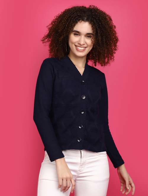 women navy blue long sleeves cardigans - 20589862 - Very Small Image - 1