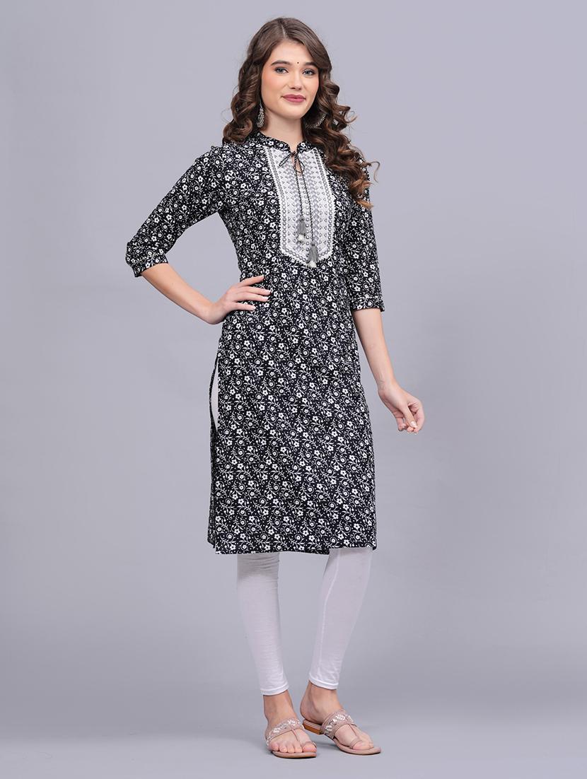 black floral print cotton straight kurta - 20594553 - Zoom Image - 3