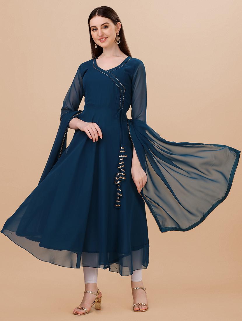 teal blue solid kurta dupatta set - 20598880 - Standard Image - 3