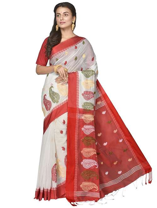 women's solid with work white colored saree with blouse - 20614035 - Very Small Image - 1