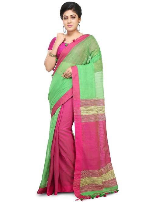 women green & pink half and half saree with blouse - 20614265 - Very Small Image - 1